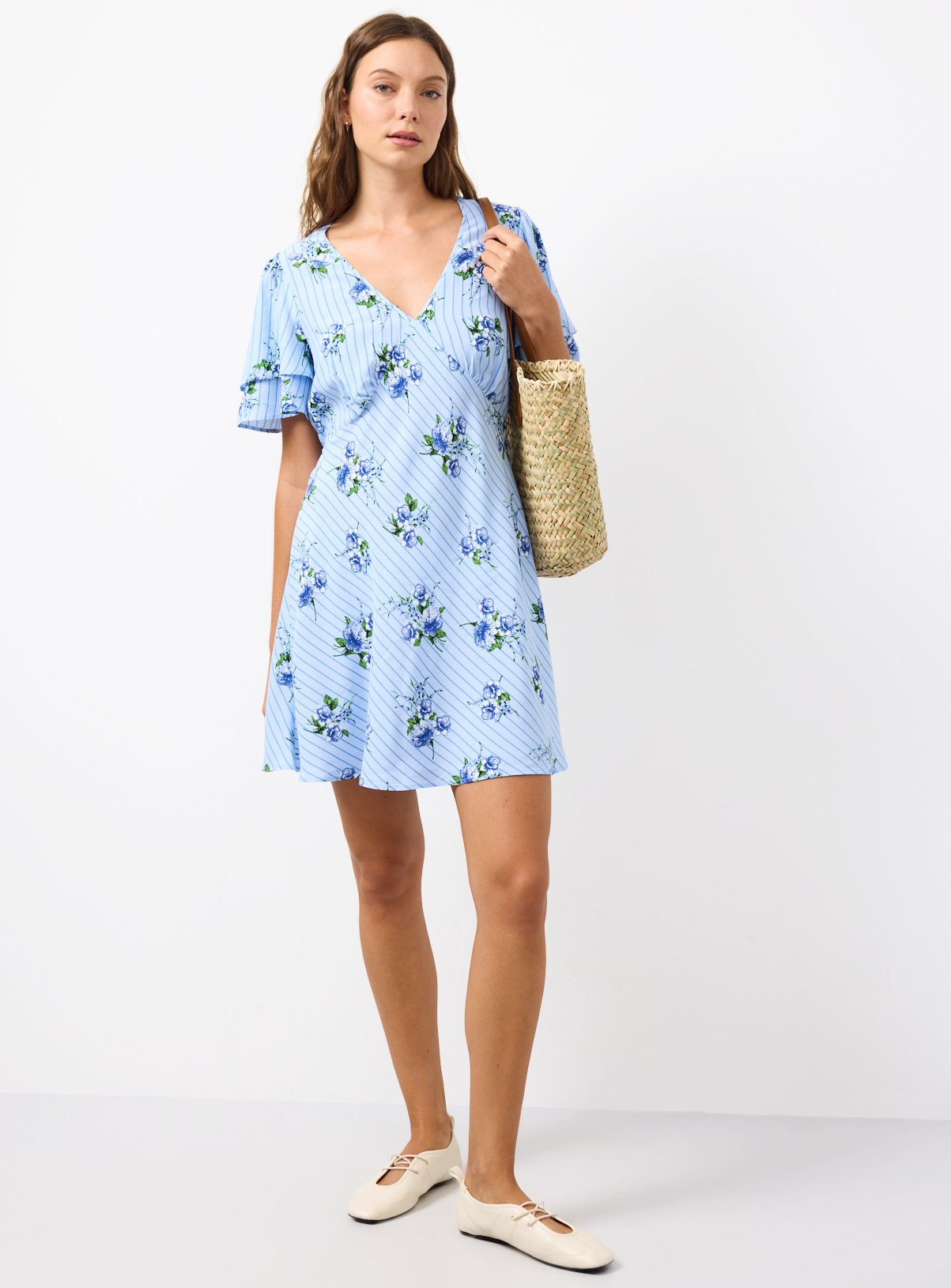 Blue Stripe Floral Print Mini Tea Dress 16 - Image 2 thumbnail